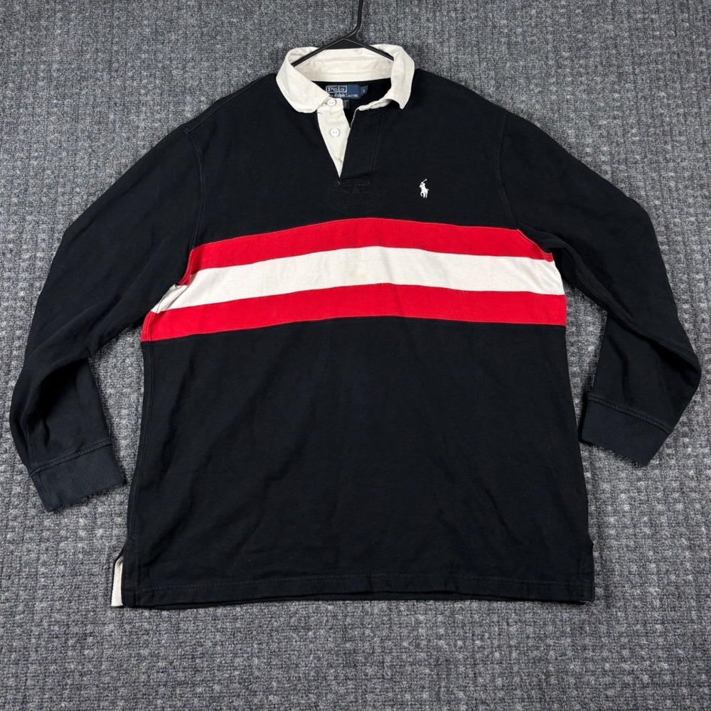VTG Polo Ralph Lauren Rugby Shirt Long Sleeve Striped Fleece L Black Red White